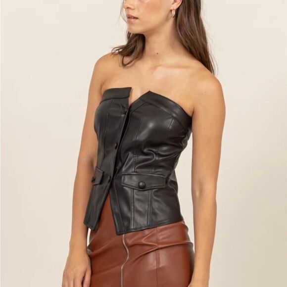 HYFVE Tops - HYFVE black faux vegan leather strapless vest top button front large L